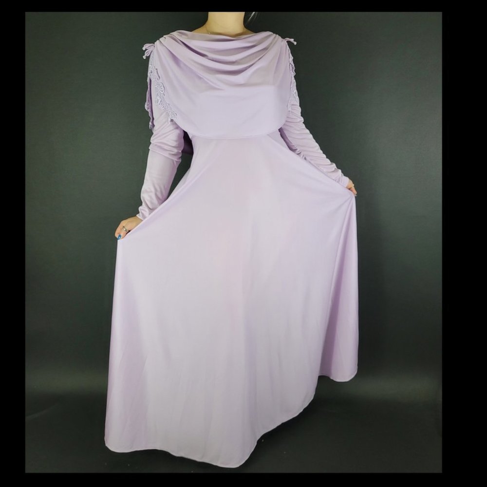 ❗️SOLD❗️70s Lilac Long Sleeve Draped Maxi Dress